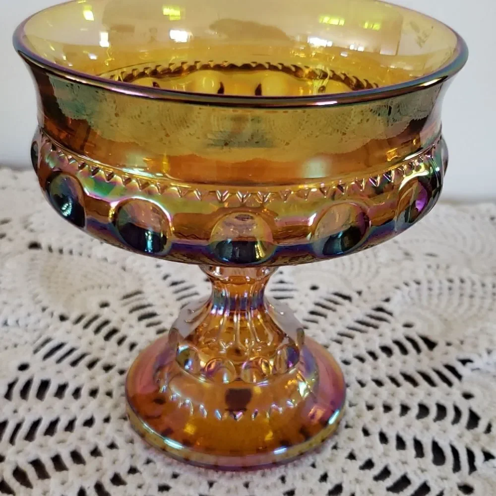 Pretty Gold Carnival Glass Pedestal Compote Candy Dish